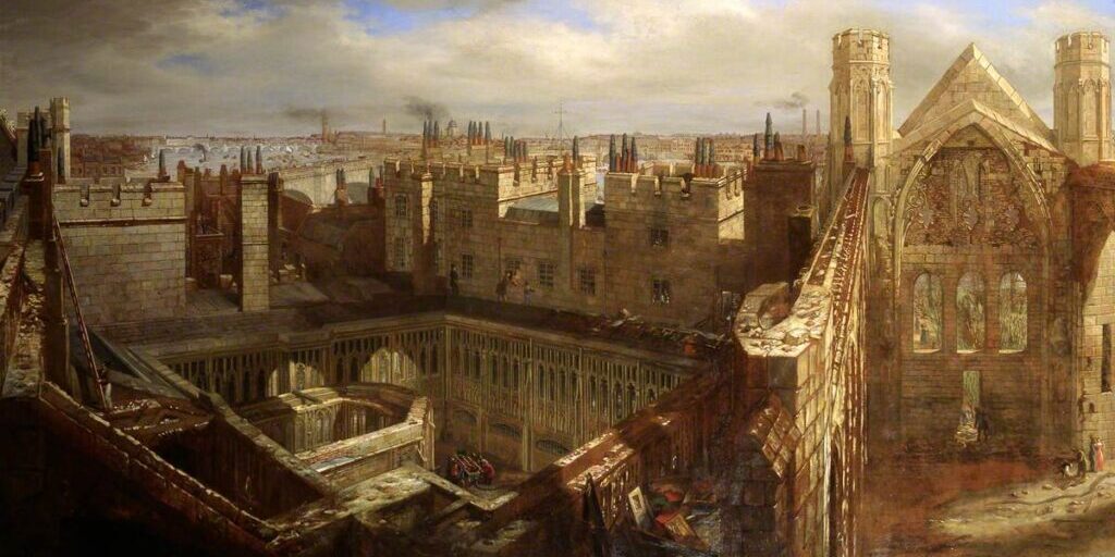Scharf, George Johann; Panorama of the Ruins of the Old Palace of Westminster, 1834; Parliamentary Art Collection; http://www.artuk.org/artworks/panorama-of-the-ruins-of-the-old-palace-of-westminster-1834-214175