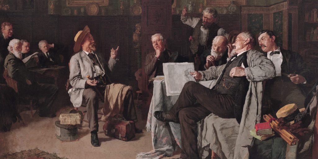 The dubious tale
*oil on canvas
*76.2 x 121.9 cm
*signed b.r.: Louis Moeller, N.A.