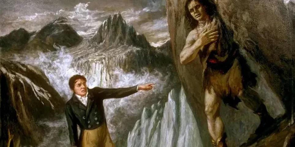 Frankenstein: Creator Meets Created on the Mer de Glace” (oil on linen, 1995) by Elsie Russell
