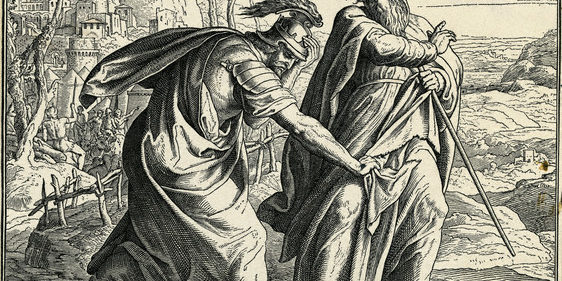 Samuel rebukes Saul for his trickery. The king seizes the prophet's garment in repentance. It tears and Samuel prophecies that the Kingdom of Israel will be rent away from Saul. --- Image by © Bettmann/CORBIS